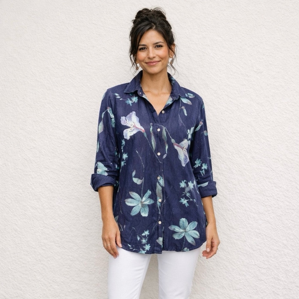 Navy Watercolor Floral Silk Linen Blouse Boho Coastal Chic August Silk Size M